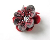 Felted Brooch Polka dot Flower Felt Pin Handmade OOAK Fiber Art White Red Black Gift for her Felted Brooch Polka dot Flower Felt Pin Handmade OOAK Fiber Art White Red Black Gift for her