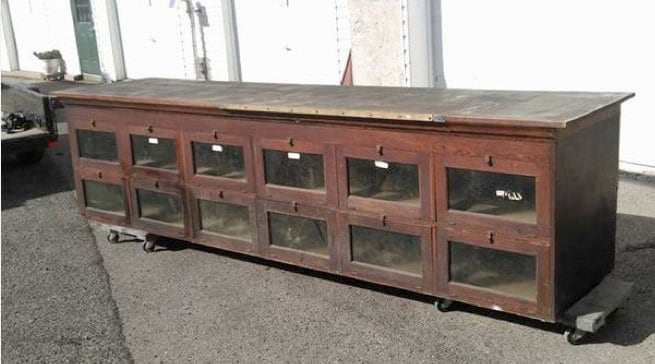 Antique Oak General Store Counter with Glass Doors / Vintage Distressed ...