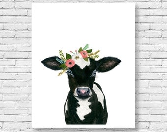Watercolor cow calf, baby farm animals, cow painting, babby cow, kids posters, prints, nursery animals, nursery decor, baby horse,