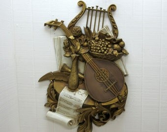 Vintage Wall Hanging Syroco Musical Instrument Gold Color Wall Plaques