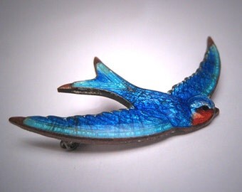 Antique Victorian Guilloche Enamel Bird Pin Brooch Blue Bird Wedding c.1900