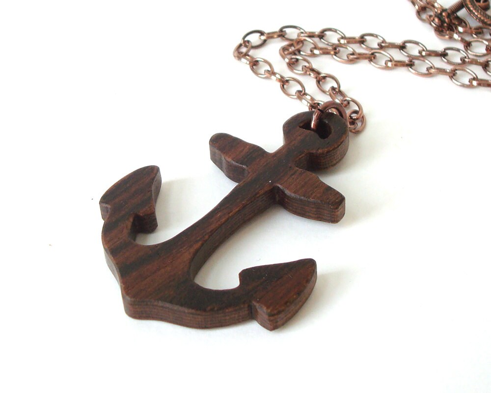 Rustic Anchor Necklace Scroll Saw Wood Pendant Nautical Beach