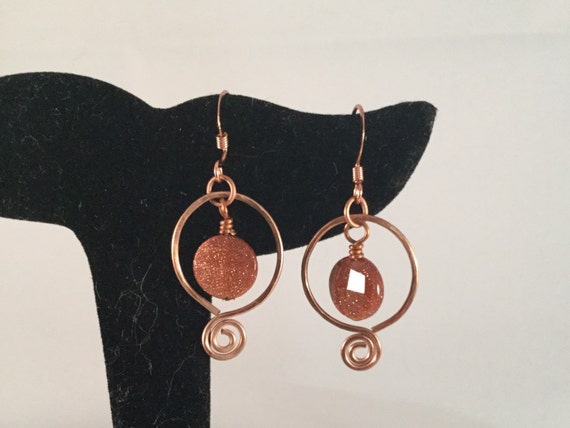 Goldstone Hoop Earrings, Omega Hoop, Copper Hoop Earrings, brown goldstone dangle, copper jewelry, spiral earrings, under 20, gifts for her