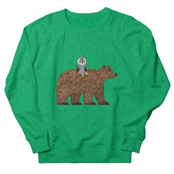 The Owl and The Bear - Mens / Womens - Heather Oatmeal / Pink / Green - Sweatshirt by Oliver Lake - iOTA iLLUSTRATiON