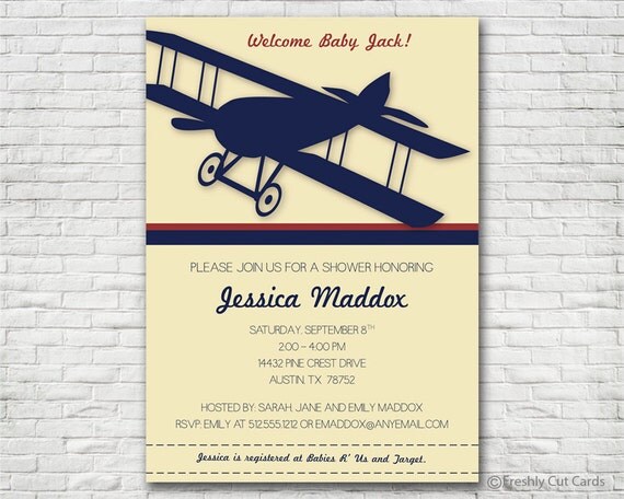 Red, Blue & Yellow Vintage Airplane Baby Shower Invitation - Printable or Printed (w/ FREE Envelopes) Il_570xn