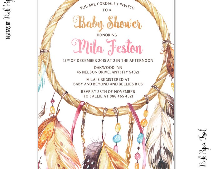 Bohemian Baby Shower, Bridal Shower, Wedding, Boho Party, Boho Chic, Dream Catcher Invitation, I will customize for you, Print Your Own