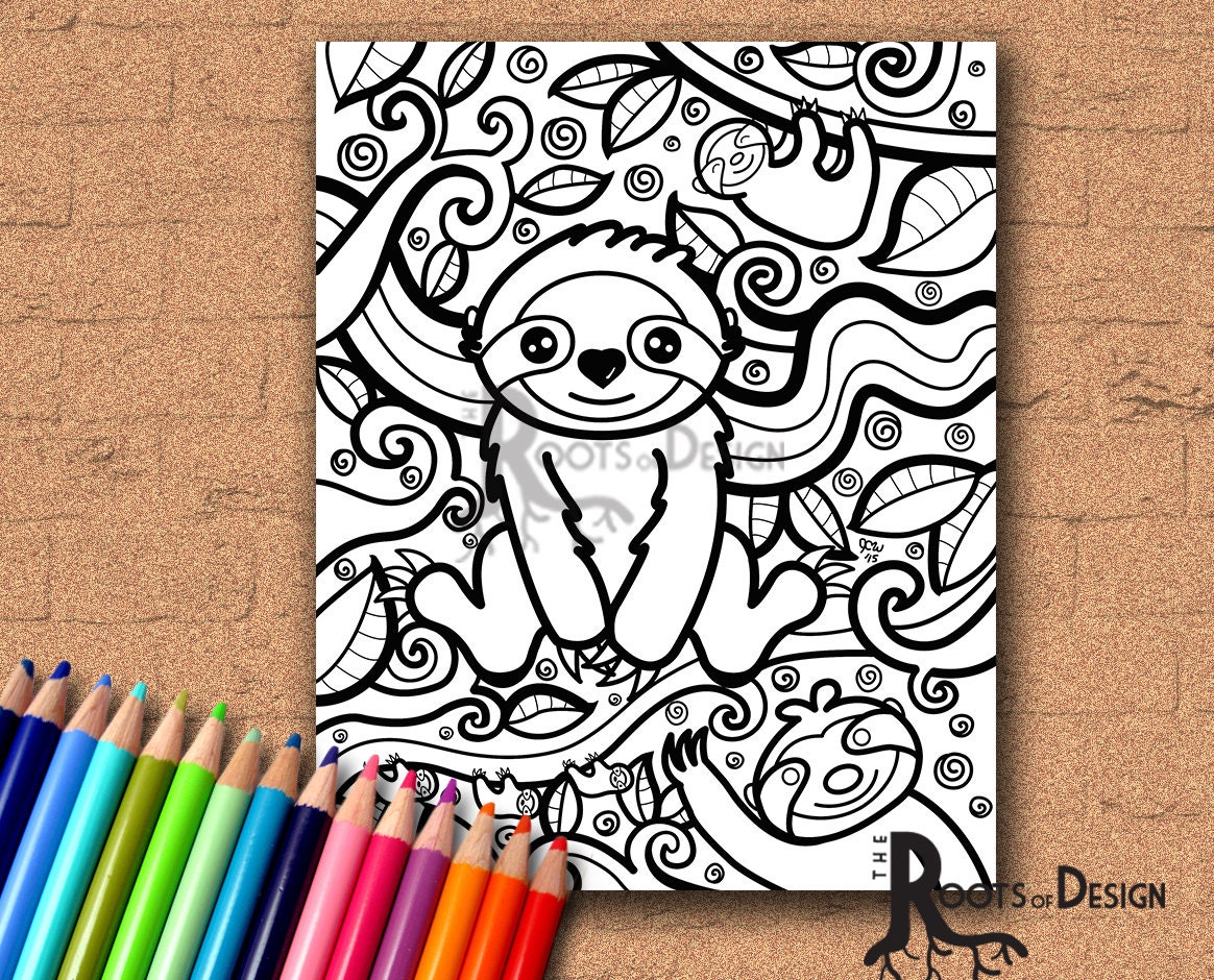 Download INSTANT DOWNLOAD Coloring Page Sloth Art Coloring Print