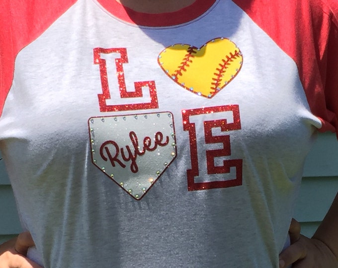 LOVE Baseball Raglan Triblend Shirt, Baseball Softball Tee, Glitter Graphic Tee, Baseball Mom T Shirt, Baseball Heart, Custom Bling Shirt