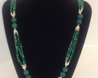 Vintage Genuine Malachite Necklace with Freshwater Pearls and Gold Beads Women's Jewelry Gift