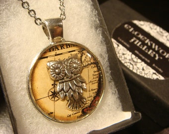 Silver Owl over Map Pendant Necklace (2019)