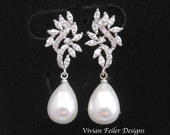 BRIDAL Earrings PEARL Tear Drop Wedding Jewelry Bridal Pearl Earrings Cubic Zirconia Bridesmaid Gift Prom