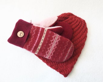 Beanie and Mitten Set POMEGRANATE FAIR ISLE Mitts and Slouchy Hat / Fleece Lined Sweater Mittens and Hat Gift Set Under 100 by WormeWoole