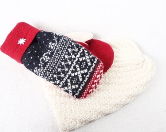 Wool Mittens and Beanie Set / Mitts and Slouchy Hat / Fleece Lined Sweater Wool Mittens and Hat Gift Set Under 100 by WormeWoole
