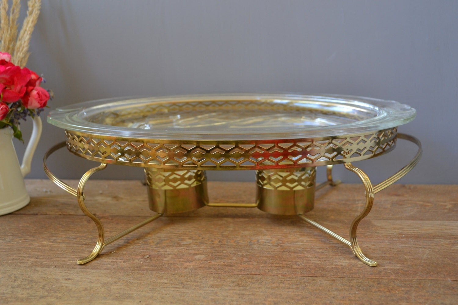 Vintage Pyrex Well & Tree Glass Platter Gold Tone Chafing