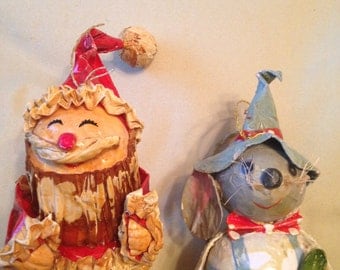 Vintage Christmas 1960s Papier Mache Pair Santa Claus and Wounded Church Minstrel Mouse