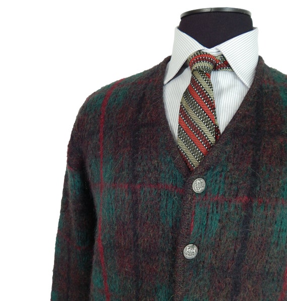 Vintage Mens 1960s Sweater Plaid Wool Mohair Cardigan by