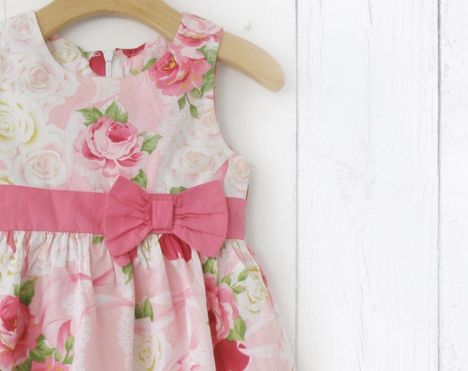 Girl Summer Dress, Pink Floral dress for girls, Baby girl Pink and White Dress, Vintage Inspired Girls Dress