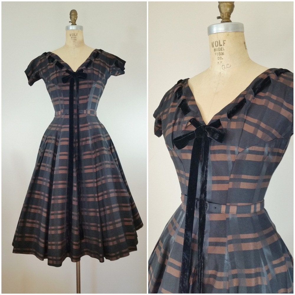 Vintage 1950s Dress  Brown  and Black  Plaid Cocktail  Dress 