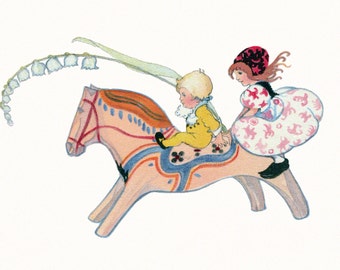 Holiday Card - Children Ride Dala Horse - Christmas New Year God Jul or Blank