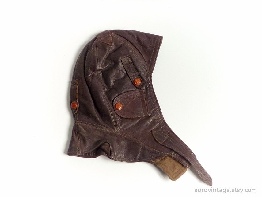 Vintage Leather Aviator Hat Pilot Hat Brown Leather Hat 40s
