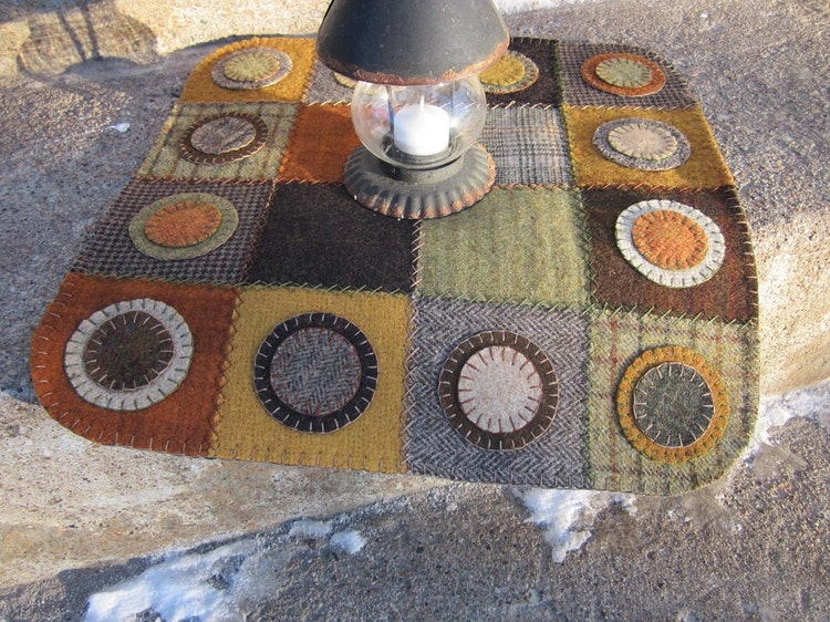 Wool penny rug wool candlemat patchwork by granniesraggedybags