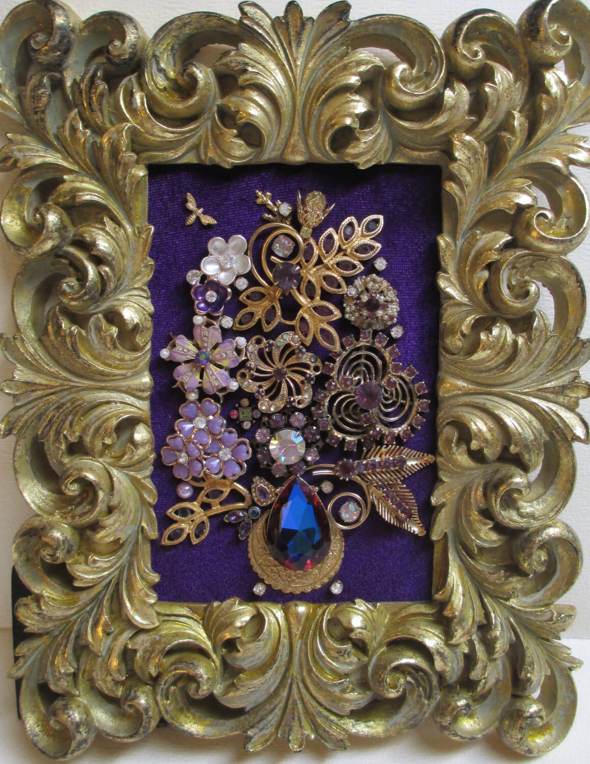 Jeweled Framed Jewelry Flower Bouquet Fabulous Vintage Purple