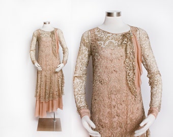 Vintage 1920s Dress - Champagne Lace Silk Chiffon Flapper Gown 20s - Small