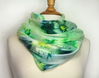 Hand painted silk scarf. Green abstract silk scarf. Silk foulard. Wearable art. Ready to ship