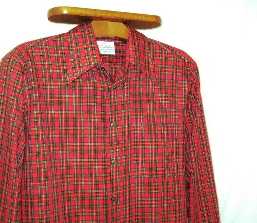 70s Red Plaid Shirt Wide Collar Shirt Mens by Bethlesvintage