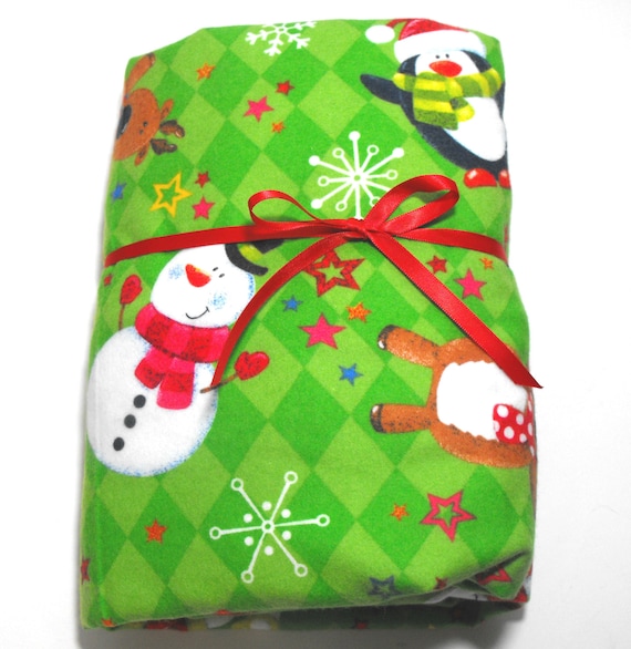 Flannel Fitted Sheet Christmas with Penguins Reindeer Snowman