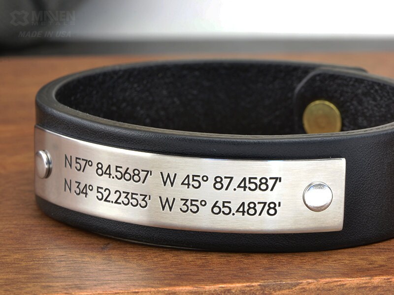 Personalized Mens Leather Bracelet | Custom Coordinates bracelet can be personalized with your coordinates or any text up to 50 characters!