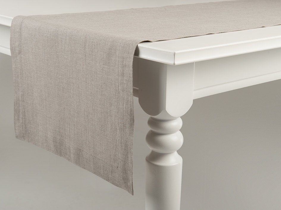 Natural linen table runner Classic hem Mitered corners Flax