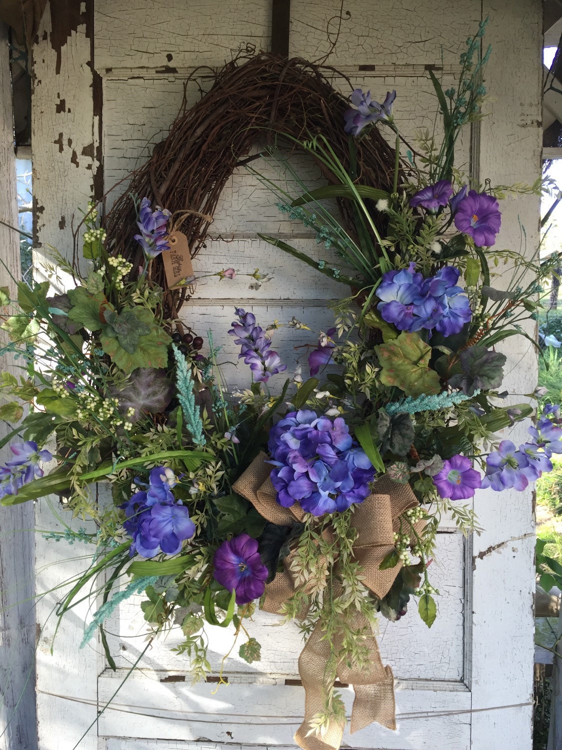 turquoise and purple spring grapevine wreath / purple and