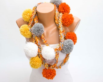 crochet lariat scarf ,long lariat scarf, pompom scarf
