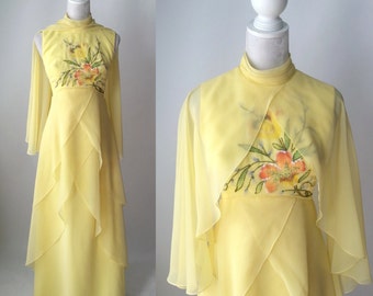 Vintage 1970s Yellow Beaded Flowing Chiffon Gown