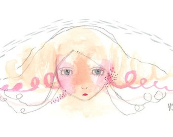 Whimsical girl art, original drawing, hand drawn art, dreamy girl