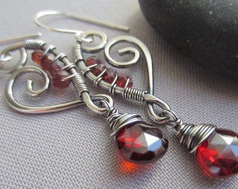 SALE 20% OFF/ Garnet Earrings/ Silver Earrings/Garnet Heart Earrings/Artisan Earring/Silver Wire earrings/January Birthstone/ Garnet