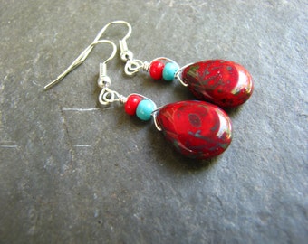 Red earrings picasso glass red and turquoise Teardrops wire wrapped jewelry Southwestern style