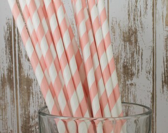 Paper straws - 100 Peach Blush barber striped paper drinking straws - with FREE DIY Flag Template. See also - "Personalized" flags option.
