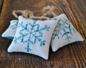 Snowflake Ornaments - Christmas Tree Decorations - Winter Decor - Doorknob Hangers - Teal Blue Snow - Hand Embroidery - Geometric Shapes