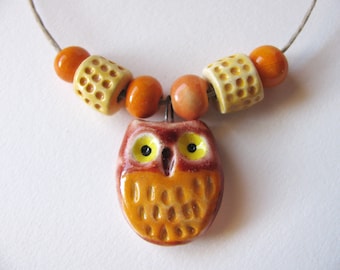Autumn Owl Pendant & Beads Earthenware Clay