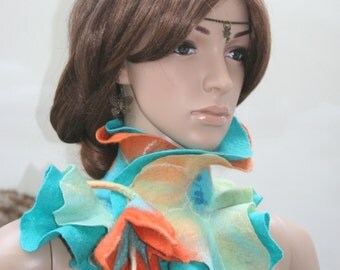 Col écharpe femme en feutre et soie turquoise et orange "Fidji"