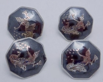 Vintage Siam Sterling Silver Niello Dancer Buttons Set of 4 22022