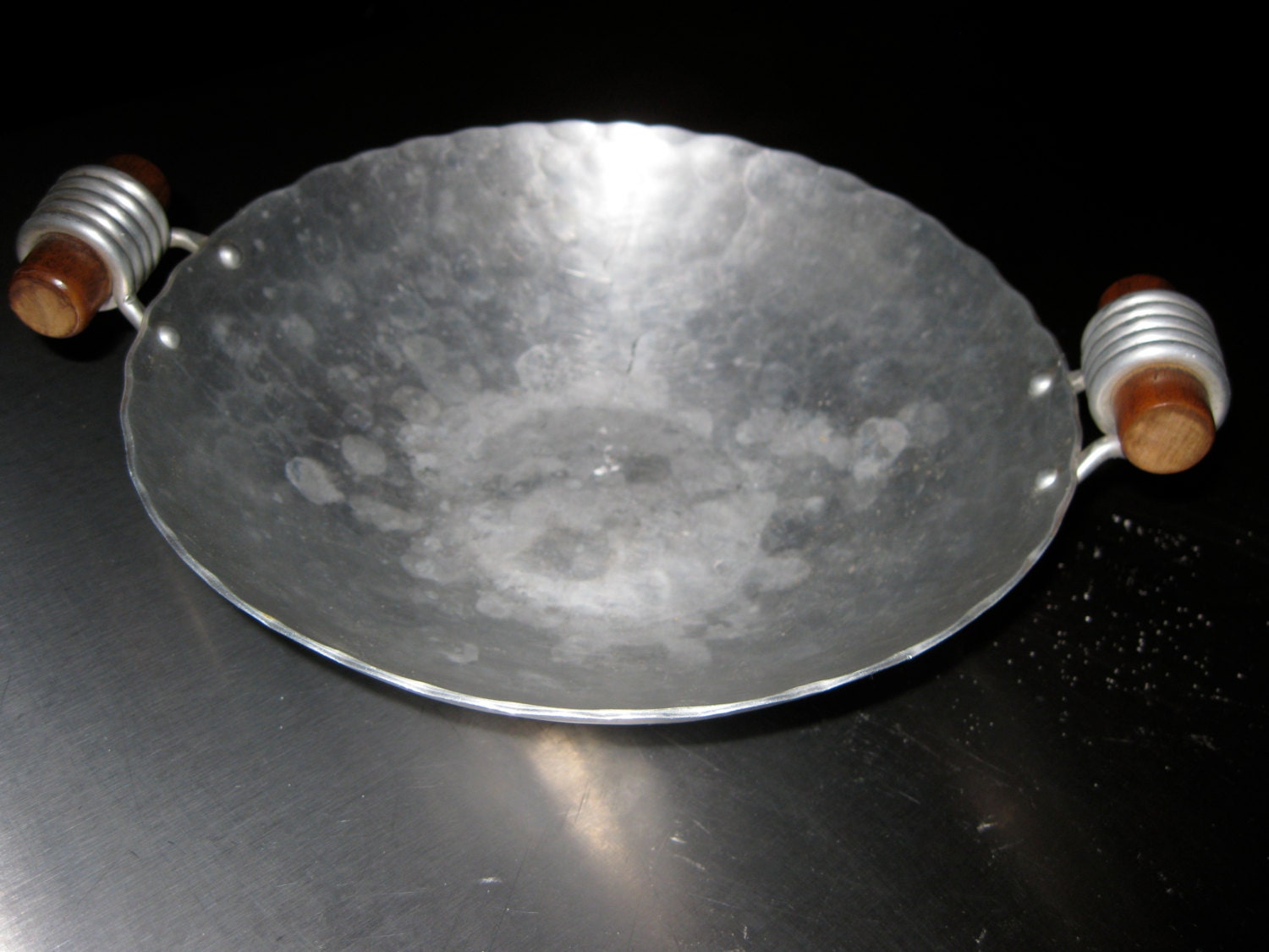 Buenilum Hammered Aluminum Bowl with Wood Trim Mid Century