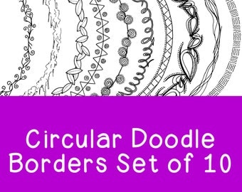 Circle Doodle Borders Clip Art Bundle PNG JPG Blackline Commercial Personal Leaves Swirls Squiggles Round