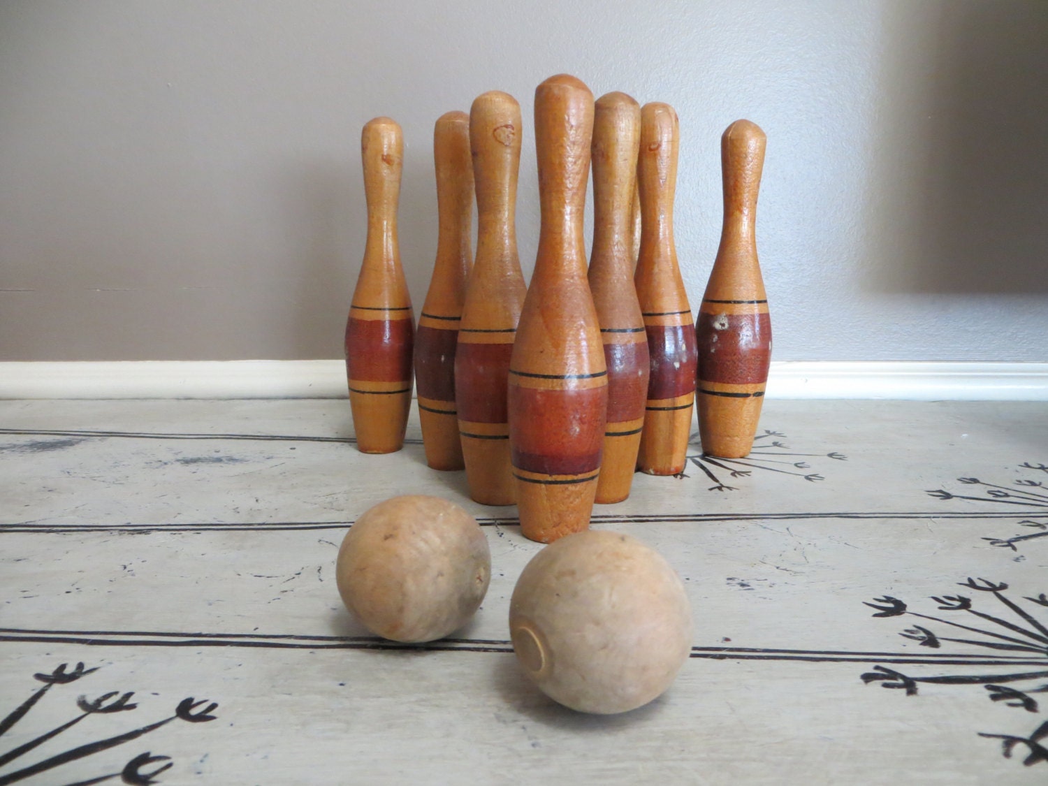 vintage wooden bowling set