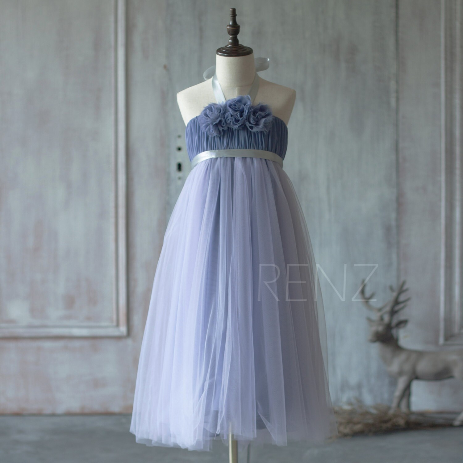 2019 Steel  Blue  Junior  Bridesmaid  Dress  Halter Flower Flower