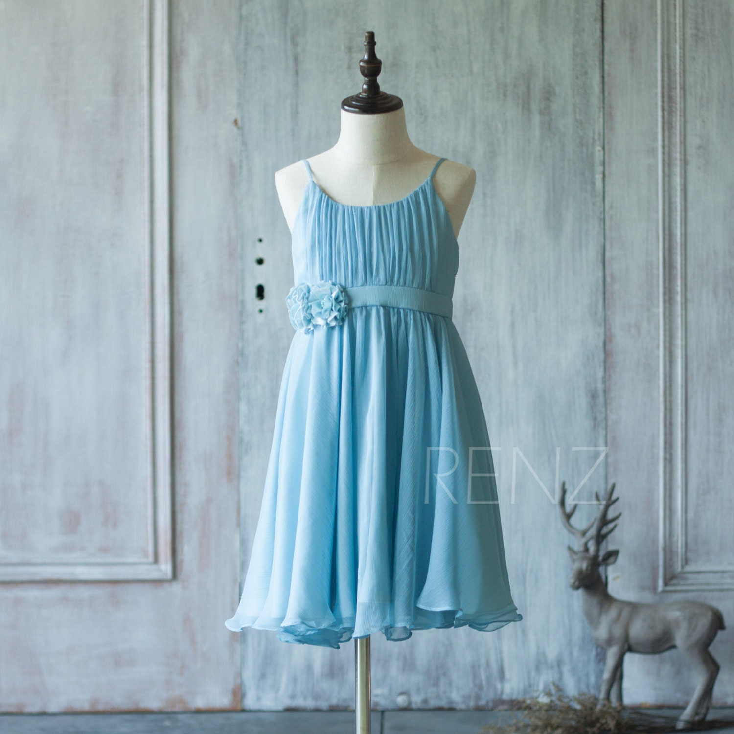 Sky Blue Junior Bridesmaid Dress Spaghetti Strap Flower Girl