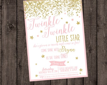 Twinkle Twinkle Little Star, Pink Birthday Invitation, Glitter Birthday Invitation, Blush and Gold Birthday, Sparkle Birthday Invitation