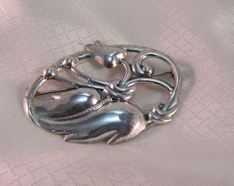 Vintage Mid Century Sterling Flower and Leaf Brooch, Arts and Crafts Style